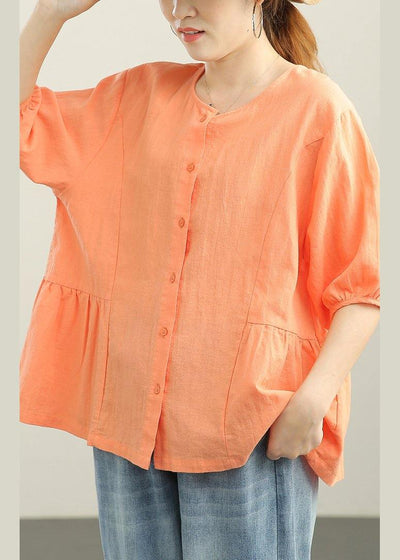 Chic Orange Cinched lantern sleeve Linen Summer Blouses - bagstylebliss