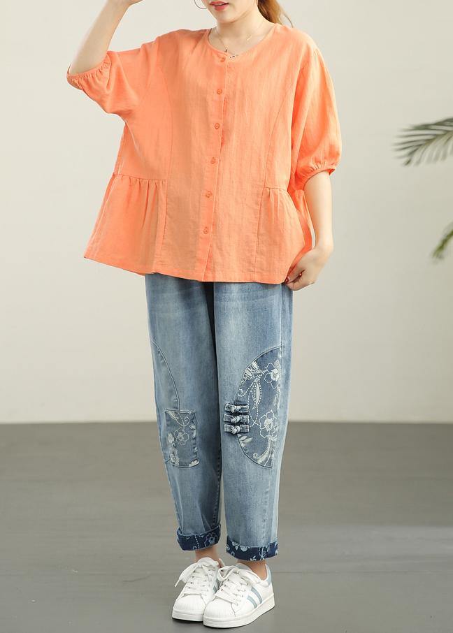 Chic Orange Cinched lantern sleeve Linen Summer Blouses - bagstylebliss