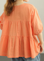 Chic Orange Cinched lantern sleeve Linen Summer Blouses - bagstylebliss