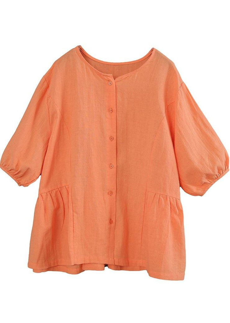 Chic Orange Cinched lantern sleeve Linen Summer Blouses - bagstylebliss