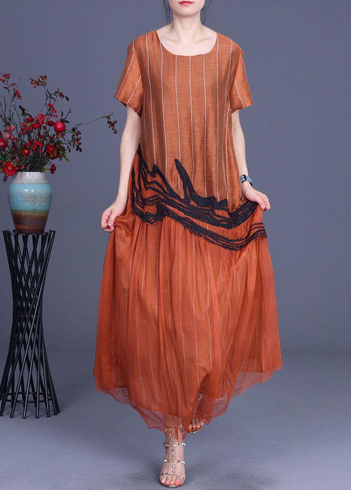 Chic Orange Embroidery Patchwork Summer Silk Dresses Short Sleeve - bagstylebliss