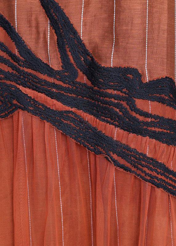 Chic Orange Embroidery Patchwork Summer Silk Dresses Short Sleeve - bagstylebliss