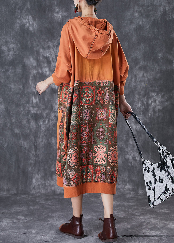 Chic Orange Oversized Patchwork Cotton Pullover Sweatshirt Dress Fall