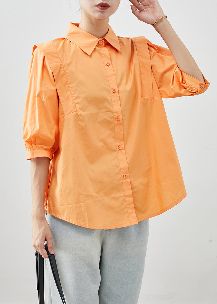 Chic Orange Peter Pan Collar Patchwork Cotton Shirts Half Sleeve