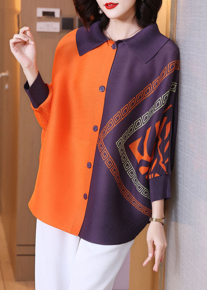 Chic Orange Peter Pan Collar Print Button Shirt Long Sleeve