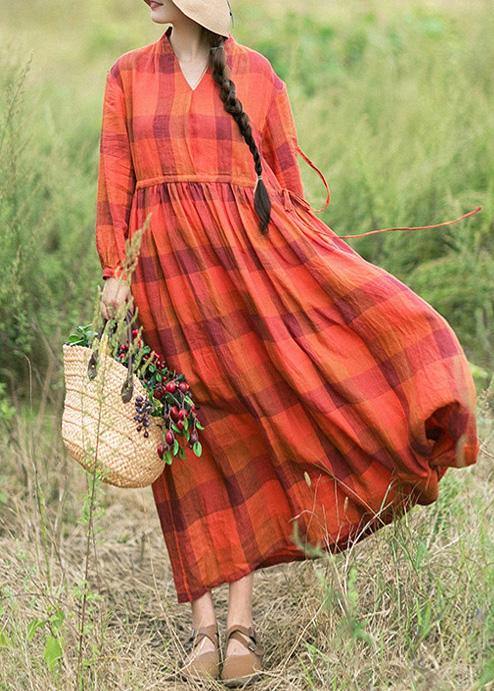 Chic Orange Plaid Clothes O Neck Drawstring Spring Dress - bagstylebliss