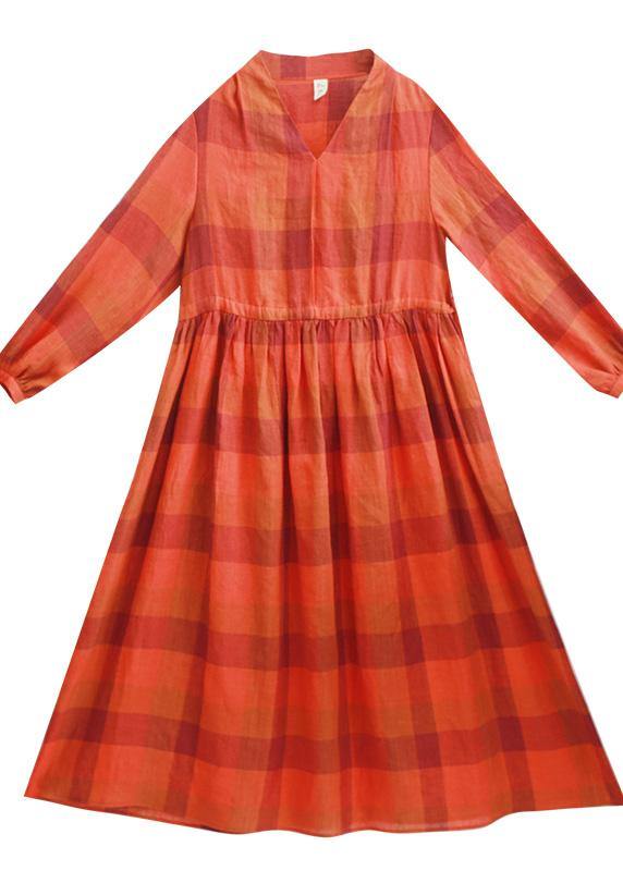 Chic Orange Plaid Clothes O Neck Drawstring Spring Dress - bagstylebliss