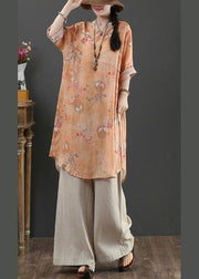 Chic Orange Print Long Linen Top Summer - bagstylebliss