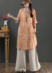 Chic Orange Print Long Linen Top Summer - bagstylebliss