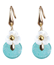Chic Peacock Blue Jade Shell Floral Drop Earrings