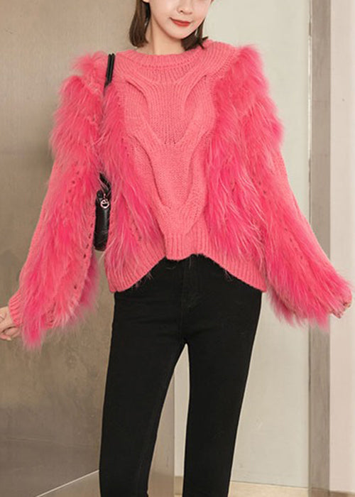 Chic Pink Fluffy Thick Hollow Out Patchwork Knit Sweaters Fall