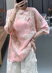 Chic Pink O-Neck Embroidered Button Silk Shirts Bracelet Sleeve