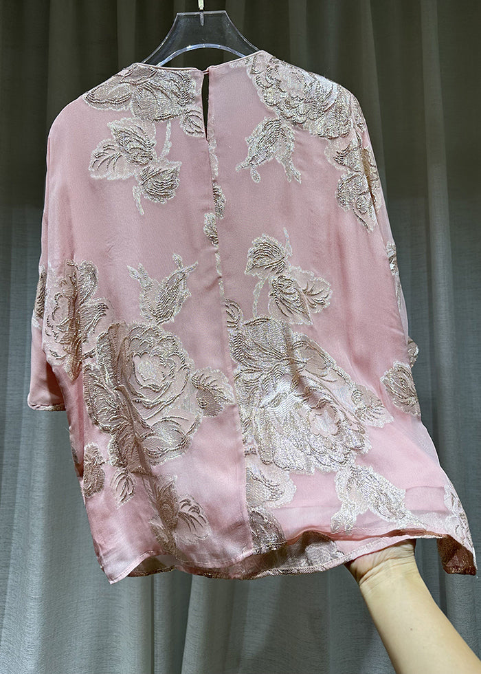 Chic Pink O-Neck Embroidered Button Silk Shirts Bracelet Sleeve