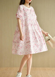 Chic Pink Puff Sleeve Print Summer Cotton Dresses - bagstylebliss