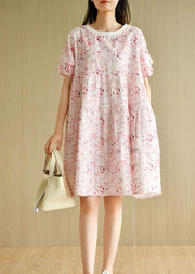 Chic Pink Puff Sleeve Print Summer Cotton Dresses - bagstylebliss