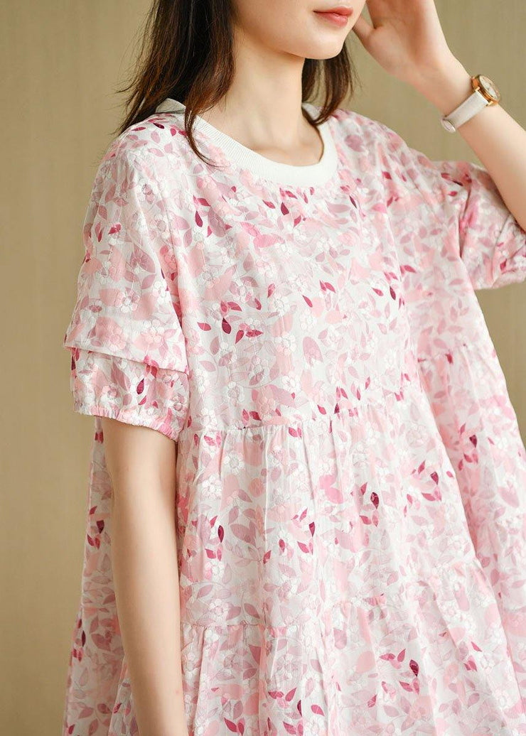 Chic Pink Puff Sleeve Print Summer Cotton Dresses - bagstylebliss