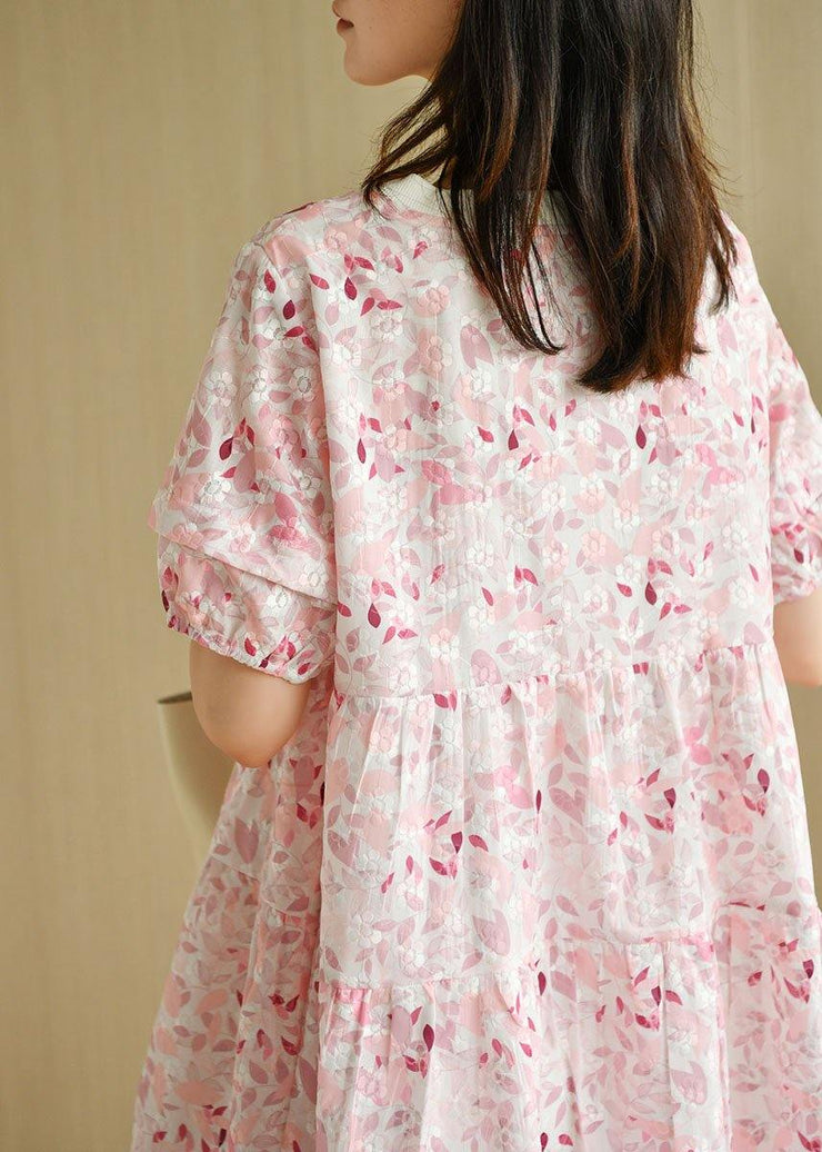 Chic Pink Puff Sleeve Print Summer Cotton Dresses - bagstylebliss