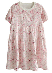 Chic Pink Puff Sleeve Print Summer Cotton Dresses - bagstylebliss