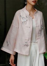 Chic Pink Stand Collar Embroidered Floral Button Top Long Sleeve