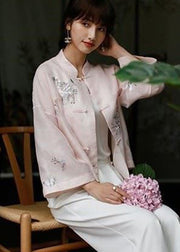 Chic Pink Stand Collar Embroidered Floral Button Top Long Sleeve