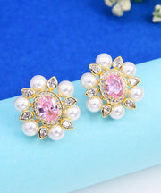 Chic Pink Sterling Silver Crystal Pearl Zircon Stud Earrings