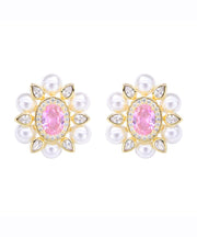 Chic Pink Sterling Silver Crystal Pearl Zircon Stud Earrings