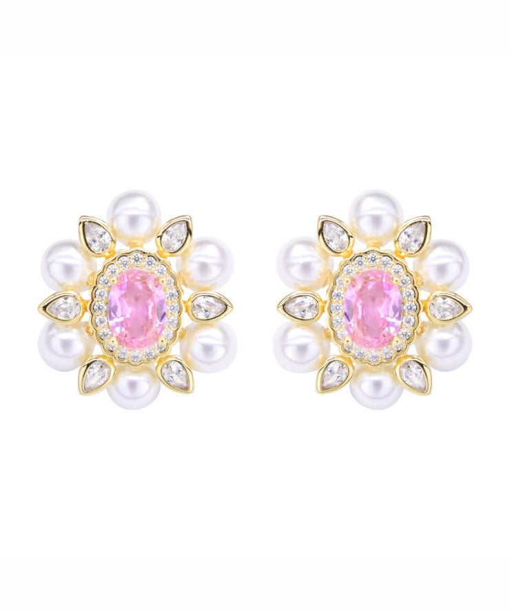 Chic Pink Sterling Silver Crystal Pearl Zircon Stud Earrings