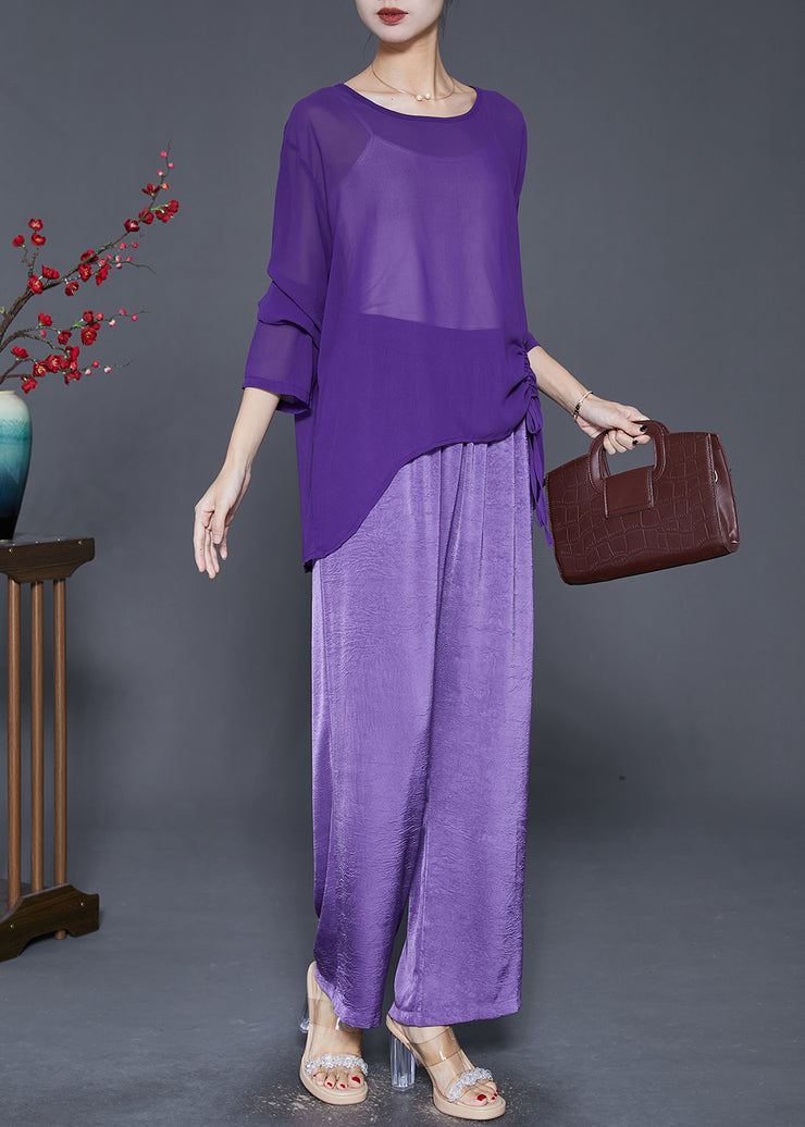 Chic Purple Asymmetrical Cinched Chiffon Two Pieces Set Fall