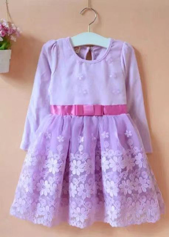 Chic Purple O-Neck Embroidered Floral Patchwork Tie Waist Tulle Kids Mid Dress Long Sleeve