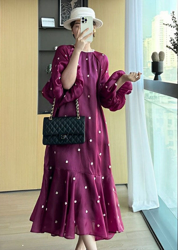 Chic Purple O-Neck Floral Ruffled Patchwork Long Dresses Puff Sleeve