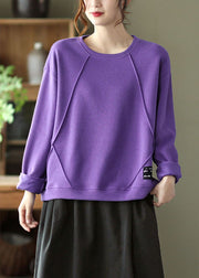 Chic Purple O-Neck Patchwork Knit Fall Pullover Street wear