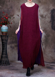 Chic Purple Patchwork O-Neck Silk Fake Two Piece Long Dresses Sleeveless