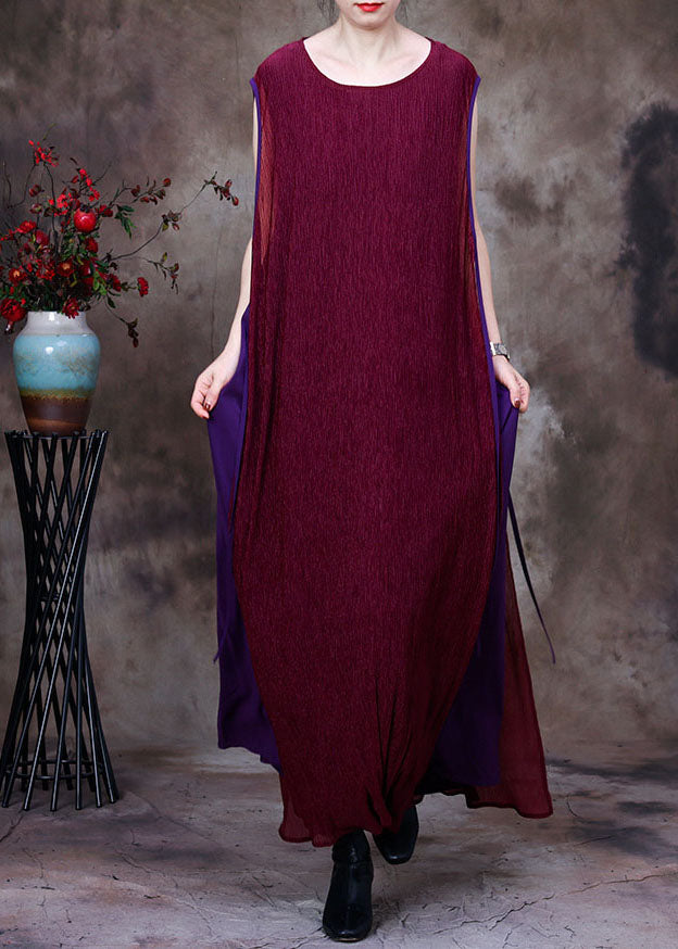 Chic Purple Patchwork O-Neck Silk Fake Two Piece Long Dresses Sleeveless