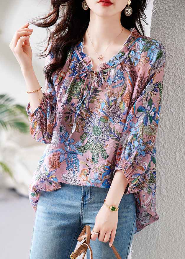 Chic Purple Ruffled Print Lace Up Cotton Shirt Tops Fall