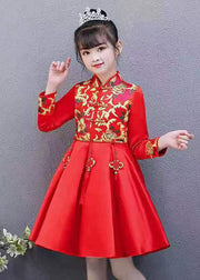 Chic Red Embroidered Tassel Button Kids Girls Mid Dresses Fall