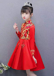 Chic Red Embroidered Tassel Button Kids Girls Mid Dresses Fall