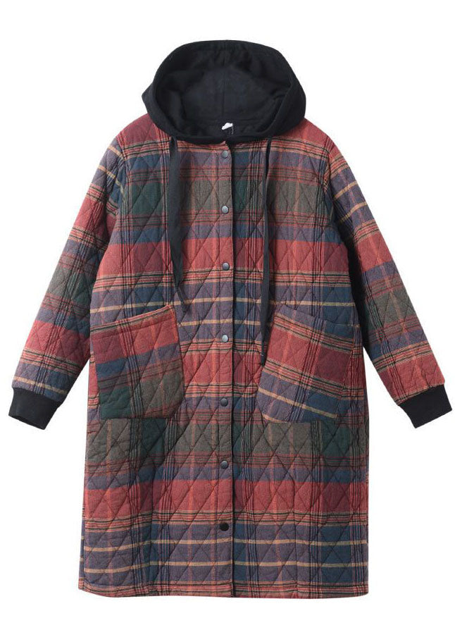 Chic Red Hooded Plaid Kordelzug Baumwolle Parkas Winter