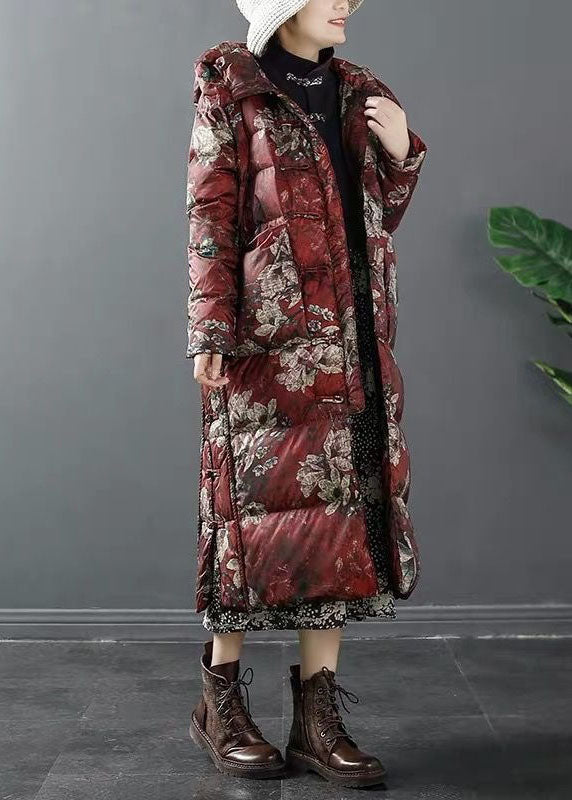 Chic Red Hooded Print Duck Down Winter-Daunenmantel