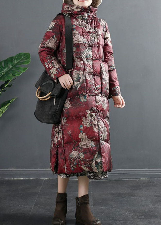 Chic Red Hooded Print Duck Down Winter down coat