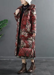 Chic Red Hooded Print Duck Down Winter-Daunenmantel