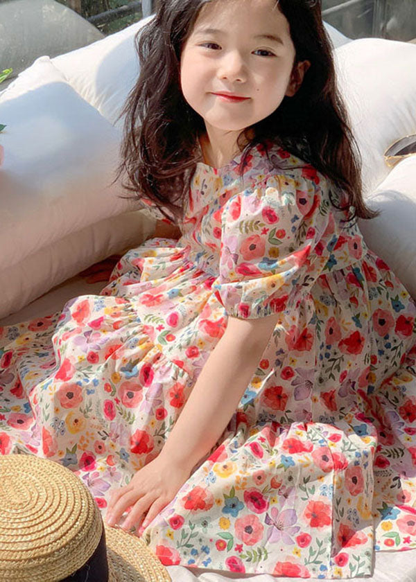 Chic Red O Neck Print Patchwork Cotton Baby Girls Dresses Summer
