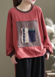 Chic Red O-Neck patch applique Cotton Shirt Spring