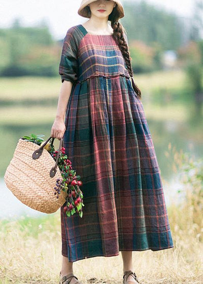 Chic Red Plaid Clothes For Women Wrinkled Robe Spring Dress - bagstylebliss