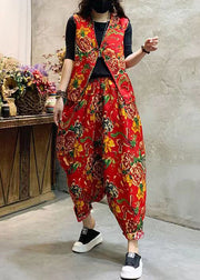 Chic Red Print Elastic Waist Patchwork Cotton Two-Piece Set Sleeveless