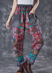 Chic Red Print Elastic Waist Patchwork Pockets Cotton Harem Pants Fall