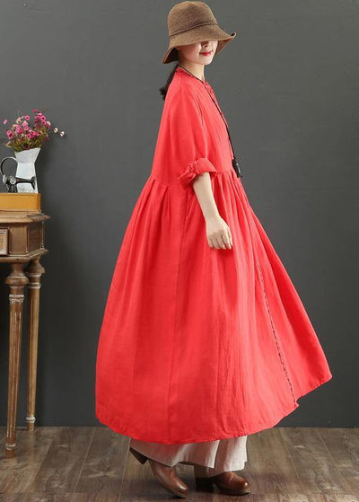 Chic Red cotton Outfit O Neck Cinched Robes Spring Dress - bagstylebliss