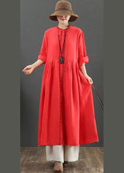 Chic Red cotton Outfit O Neck Cinched Robes Spring Dress - bagstylebliss