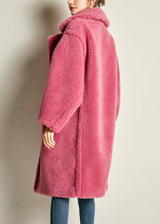 Chic Rose Notched Pockets Cozy Loose Faux Fur Coat Long Sleeve