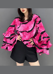 Chic Rose O Neck Striped Patchwork Chiffon Top Petal Sleeve