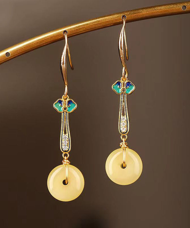 Chic Silver Zircon Yellow Jade Drop Earrings